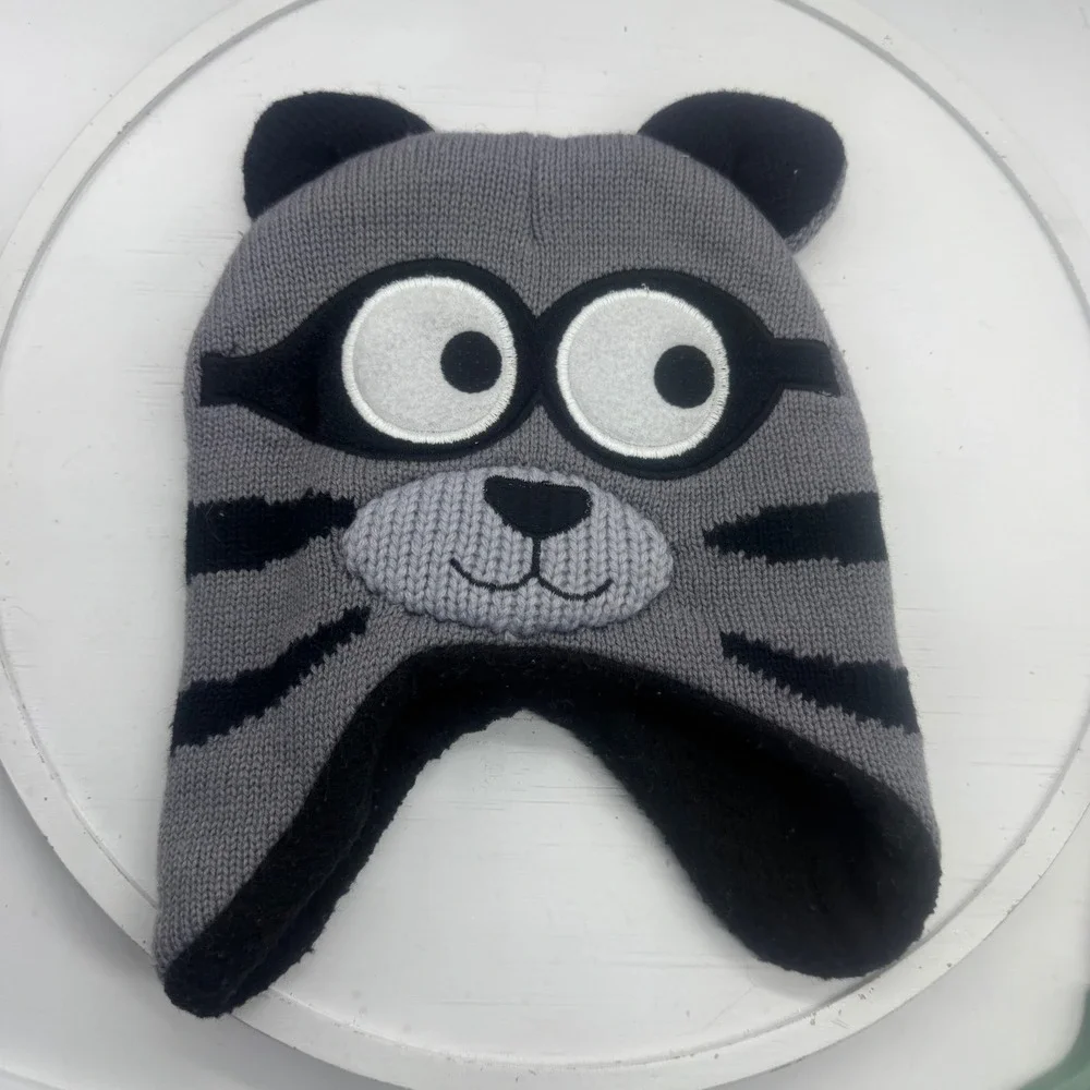 Kids Raccoon Knit Trapper Hat Gray Black Fleece Lined Animal Beanie RN119333